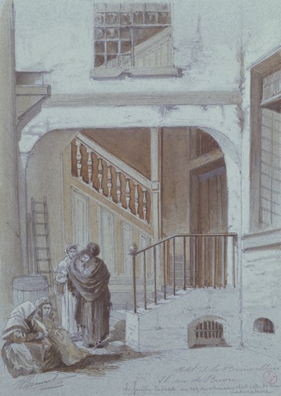 Gårdhave og laboratorium for Marquise de Brinvilliers, 28 rue de Bievre, Paris (kridt og gouache på papir) af French School