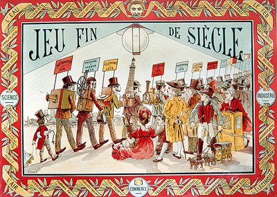 Cover til et "End of the Century"-brætspil for børn, ca. 1895 (farve litho) af French School