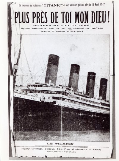 Cover af nodeark til Hymn Nearer My God to Thee, sunget af passagererne på Titanic under dets forlis og forlis, 1912 af French School