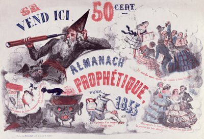 Omslag til en profetisk almanak, der forestiller Nostradamus, 1855 af French School