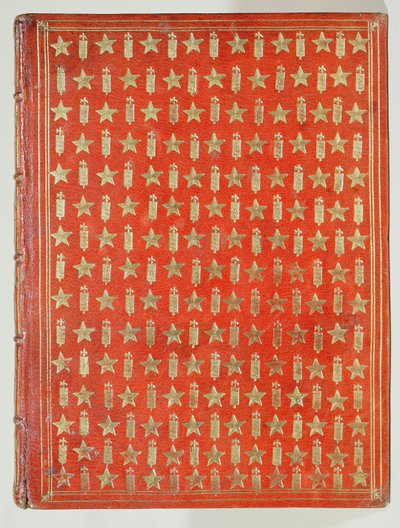 Omslag til en bog ejet af kardinal Mazarin, med efterbehandling, der viser kardinalernes emblemer af stjerner og fascer, 1644 (læder og forgyldning) af French School