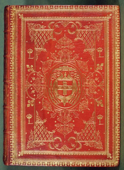 Omslag til en bog ejet af kardinal Mazarin, med finishen viser kardinalernes arme af stjerner og fasces, overvundet af en kardinals galerohat og kvaster (læder og forgyldning) af French School