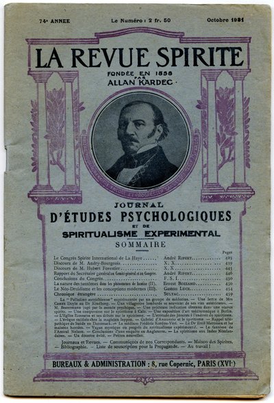 Cover of a number of "La revue spirite" ", portrait of founder Allan Kardec, magazine of October 1931dani af French School