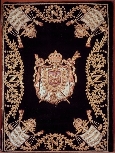 Omslag til en af de tolv originale udgaver af "Code civil des francais"" udstedt af Napoleon Bonaparte den 21/03/1804. Den er indbundet i fløjlsbroderi af guld og sølv med retfærdighedsemblem og kejserens våben. fransk lov om borgerrettigheder. B.N af French School