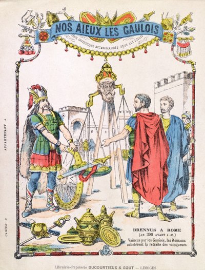 Omslag til skoleøvelsesbog, der viser legenden om Brennus (fl. ca. 389 f.Kr.) af French School