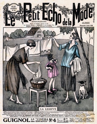 Forside af avisen "" Le petit echo de la mode "" la vaskemiddel - to kvinder med en pige og en hund spredte linned til tørre på en tråd udenfor, nr. 32 af 8. august af French School