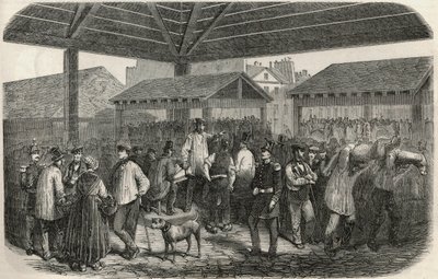 Skaber slagterkød på markedet på rue des Prouvaires i 1. arrondissement i Paris - Indgravering i "Tableau-de-Paris"" af Edmond Texier 1852 af French School
