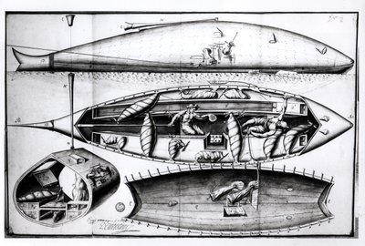 Tværsnit af en ubåd, fra et manuskript, marts 1689 af French School