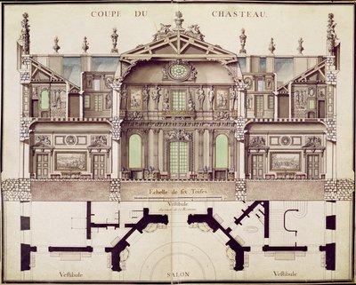 Tværsnitsplan af Chateau de Marly, 1714 af French School
