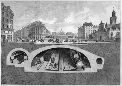 Tværsnit, der repræsenterer det underjordiske jernbaneprojekt i Paris, fra Vilette til de centrale haller, i 1861. Indgravering i "" Le Monde Illustré"" nr. 213 af 11. maj 1861. af French School