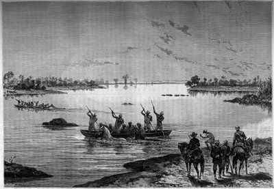 Krydser Niger med båd af missionærer.. Indgravering i den berømte dagbog "" Youth"" af French School