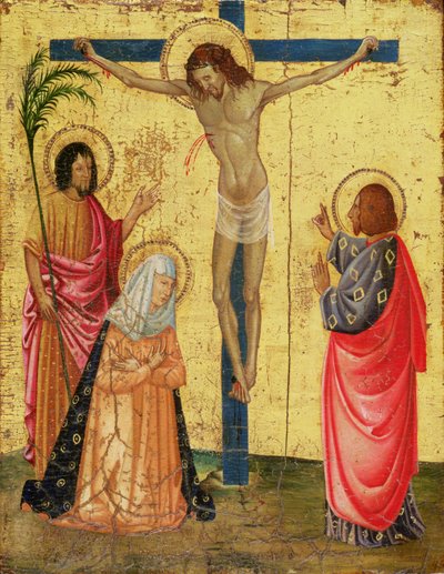 Korsfæstelse (tempera og bladguld på panel) af French School