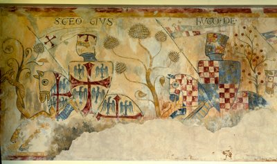 Korstog: afgang fra Knights for the Crusade: repræsentation af Saint George og Hugh I af Vermandois (1057-1102) (?) eller Hugh XII af Lusignan (?). Detalje af en fresco af Saint Jacques de Gueret af French School