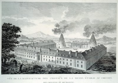 Krystalværker af dronning Marie Antoinette i Creusot nær Moncenis i Bourgogne. Stik fra 1787. Le Creusot, Ecomusee af French School