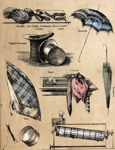 Kulturbeskrivelse og silkeprodukter: tilbehør og genstande (handsker, hatte, paraply, vest, si, fiskeliner, sytråd, snor). Tavle "" la soie"" i "" les Recreations instructives"" Synoptisk maleri af Jules DELBRUCK, stik fra 1860. Pr. af French School