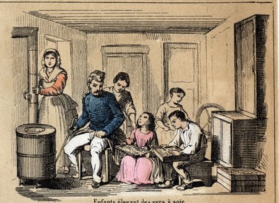 Kulturbeskrivelse og silkeprodukter: børn, der opdrætter silkeorme. Tavle "" la soie"" i "" les Recreations instructives"" Synoptisk maleri af Jules DELBRUCK, stik fra 1860. Privat samling. af French School