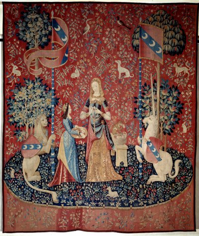 Gardin af Lady to the Unicorn (Lady to the Unicorn): allegori af lugt. En ung kvinde, der holder en krone af nelliker, omgivet af en løve, en enhjørning, en abe, kaniner. Uld og silketæppe fremstillet mellem 1484 og 1500. Fra Chateau de Boussac, Cr af French School
