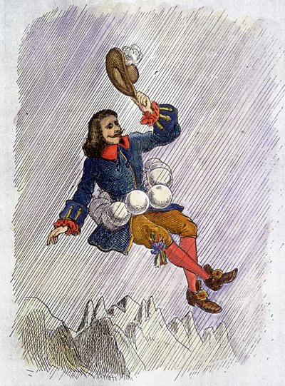 Cyrano de Bergerac i stand til ved sine hætteglas, illustration af Cyrano de Bergeracs roman: "" L