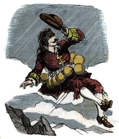 Cyrano de Bergerac rejser sig på himlen takket være hætteglas med rosee og rejse til månen, illustration af romanen af Hercules Savinien Cyrano de Bergerac (1619-1655): "" Den anden verden" af French School