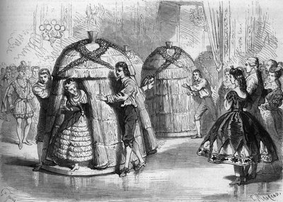 Danseshow ved kostumebal givet af imponen Eugenie de Montijo: "The ankomst af bistader"". Fire bi-dansere kommer ud af bistaderne. Indgravering i "" Le Monde Illustré"" nr. 305 af 14. februar 1863. af French School