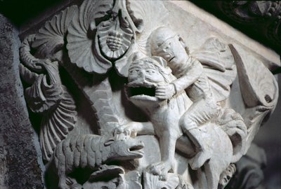 David Slaying the Lion (detalje af en hovedstad) c.1130 (sten) af French School