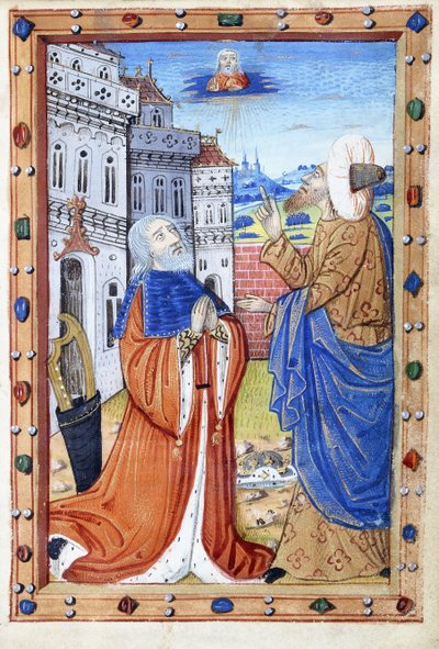 David ved bønnen, med profeten Nathan, 1400-tallet af French School