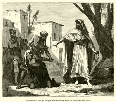 David griber den, der bringer ham nyheden om Sauls død (gravering) af French School