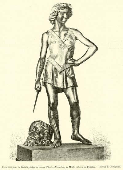 David erobrer Goliath, bronzestatue af Andrea Verocchio, på Nationalmuseet i Firenze (gravering) af French School