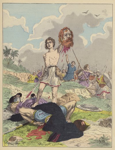 David med Goliats hoved (farve litho) af French School