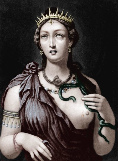 Død af Cleopatra VII, makedonsk dronning af Egypten (farvet gravering) af French School