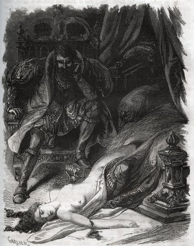 Francoise de Foix, grevinde af Chateaubriant (ca. 1495-1537), myrdet af sin mand Jean de Laval Comte de Chateaubriant (Laval-Chateaubriant) (1486-1543), der således tog hævn over sin kones vantro. Stik fra 1871 i “Histoire Des af French School