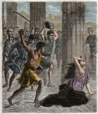 Death of Hypatia - Hypatia (c370-415) kvindelig matematiker og filosof (neoplatonist) myrdet af tilhængere af Cyril, patriark af Alexandria - Death of Hypatia (Hypatia) - Indgravering i "" Videnskaber bragt til alle - fysik og kemi" b af French School