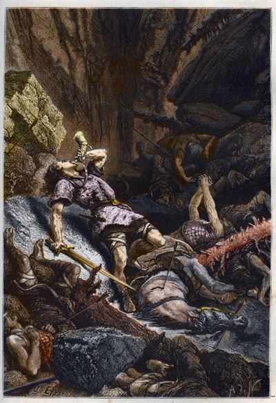 Ridder Rolands død, nevø af Karl den Store, i slaget ved Roncevaux (778) mod Charlemagnes og saracenernes Armee - Rolands død ved slaget ved Roncesvaux Pass, 778 - gravering fra "" L