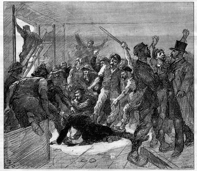 Decazeville (Aveyron) minearbejdere strejker i 1886: ingeniør Watrin blev myrdet af grevisterne. Indgravering i "" Le Monde Illustré", 6. februar 1886. af French School