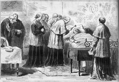 Deces af pave Pius IX (Pio) (1792-1878): ritual for anerkendelse af pavens død. En kardinal slår den afdødes pande med en sølvhammer. Indgravering i "" Le Monde Illustré"" nr. 1089 af 16. februar 1878. af French School