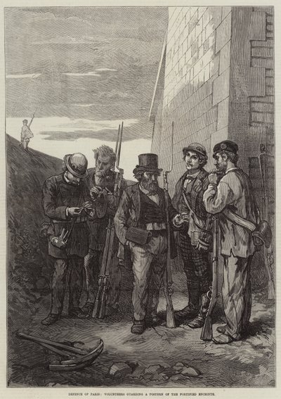 Defense of Paris, Frivillige, der bevogter en plakat af den befæstede Enceinte (gravering) af French School
