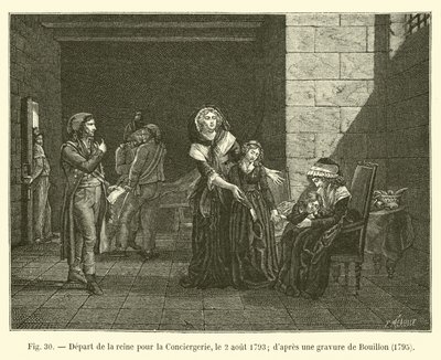 Dronningens Afgang til Conciergeriet, 2. August 1793; efter en gravering af Bouillon, 1795 af French School