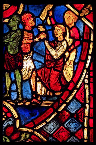 Afbildet Theophilus indgår en aftale med en djævel; fra kirken Varennes-Jarcy (oprindeligt fra Abbey de Gercy?) af French School