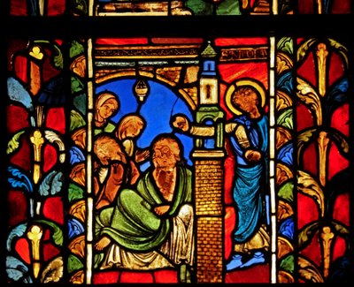 Skildrer en scene fra St Nicholas Life, ex Troyes Cathedral: helgenen efterlader penge til en mand og forhindrer dermed hans døtre i at gå i prostitution af French School
