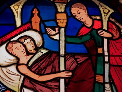 Darstellung eines Dieners, der das Zimmer von Tobias und Sarah betritt, aus der Ste Chapelle, Bay E von French School