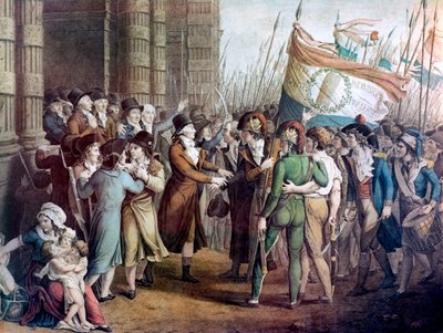 Deputerede fra Nationalkonventet forlader forsamlingen ved Tuilerierne, 31. maj 1793 - "" Le 31 mai 1793"" - Paris, 31. maj 1793: borgerne bevæbnet foran Girondinerne, der forlod konventet efter at være blevet slået af Montagnarderne, i forgrunden af French School