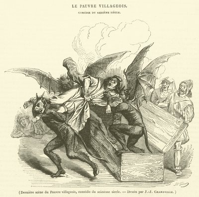 Sidste scene af den fattige landsbyboer, komedie fra det sekstende århundrede (gravering) af French School
