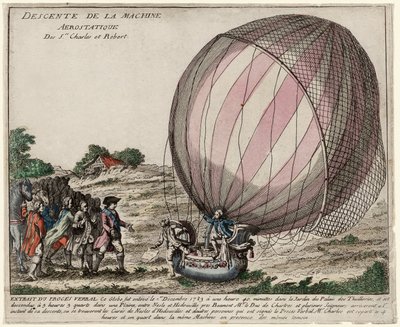 Nedstigning af Aerostatic Machine of Srs. Charles og Robert, pub. 1783 (håndkoloreret gravering) af French School
