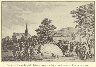 Nedstigning af den første brintballon til Gonesse, hvor den bliver revet i stykker af bønderne (gravering) af French School