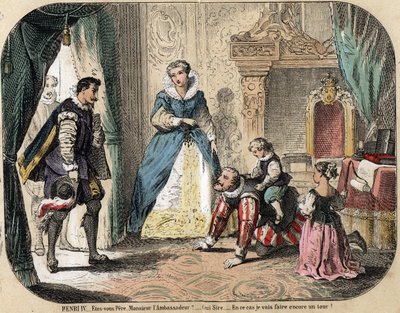 Beskrivelse af børns fritid og leg: Kongen af Frankrig Henrik IV (1553-1610) leger med sine børn (sandsynligvis Ludvig XIII og Elisabeth af Frankrig) foran den spanske ambassadør. Dronning Mary af Medicis er til stede. Tallerken "" les jeux de l