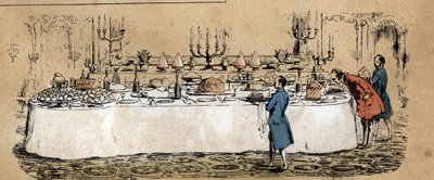 Beskrivelse af koens forskellige produkter og anvendelser: produkter fra koen (ost, oksekød) kan findes på bordet til en hverdagskost under et bal. Tavle "" La coache et ses produits"" i "" les Recreations instructives"" Synoptisk maleri af Ju af French School