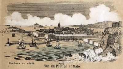 Beskrivelse af de forskellige typer landskaber og relieffer i henhold til geografi: detaljer, der viser havnen i Saint Malo (Saint-Malo) i Bretagne. Tavle "" Physical Geography"" i "" les Recreations instructives"" Synoptisk maleri af Jules DELBRUCK, e. af French School