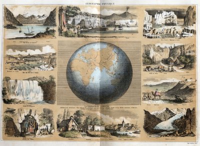 Beskrivelse af de forskellige typer landskaber og relieffer afhængigt af geografien: i midten Jorden eller kloden med indikationer af have og oceaner, kontinenter, øer, bjergkæder, golver, caps, detroits og isthmer. Udsigt over Genevesøen, af French School