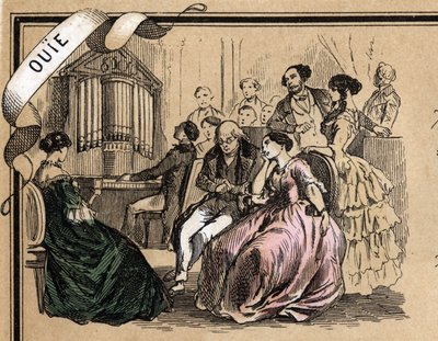 Beskrivelse af de fem sanser: detaljer om hørelsen, en koncert med musik under en social aften. Tavle "" Les cinq sens"" i "" les Recreations instructives"" Synoptisk maleri af Jules Delbruck, stik fra 1860. Privat samling. af French School