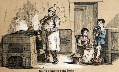 Beskrivelse af de fem sanser: detaljer i smagen, en kok smager sin sauce og børn knaser i frugt. Tavle "" Les cinq sens"" i "" les Recreations instructives"" Synoptisk maleri af Jules Delbruck, stik fra 1860. Privat samling. af French School